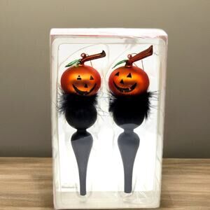Happy Halloween Glass Jack‑o‑Lantern Ornaments Feather Accents Pumpkin Decor